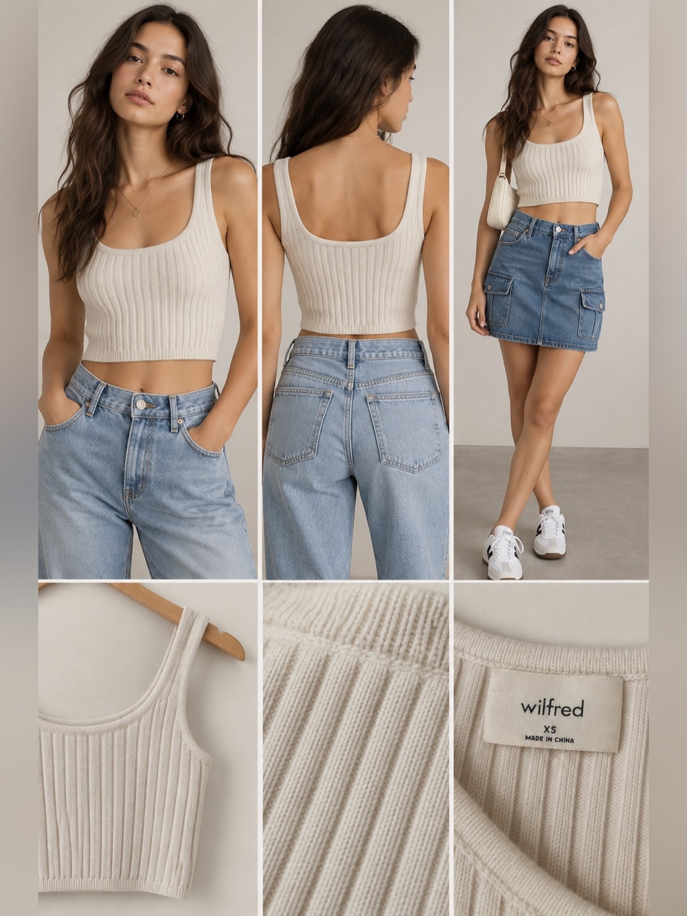 Aritzia Wilfred Ribbed Knit Cropped Tank Top Cream Beige XS